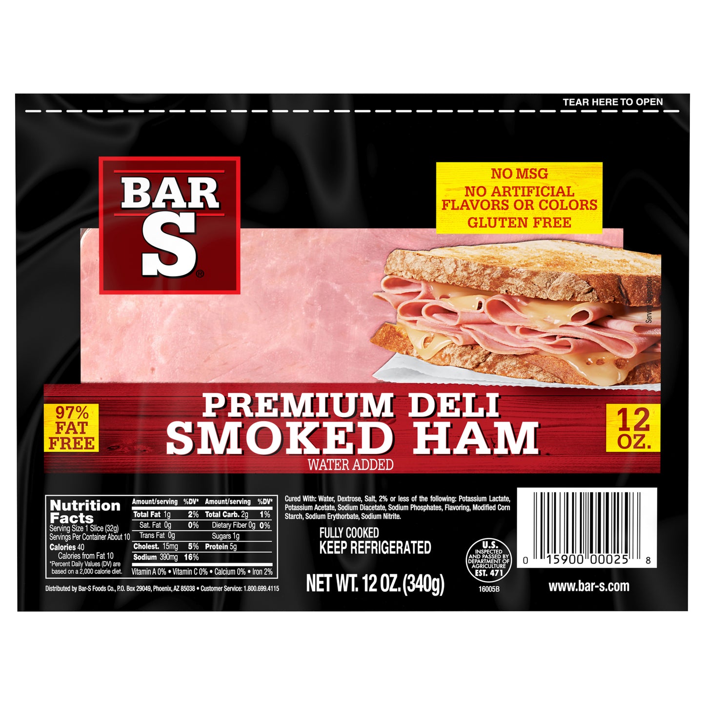 Bar-S Premium Deli Smoked Ham Lunch Meat, 10 Slices Per Package, 12 Ounce Pack