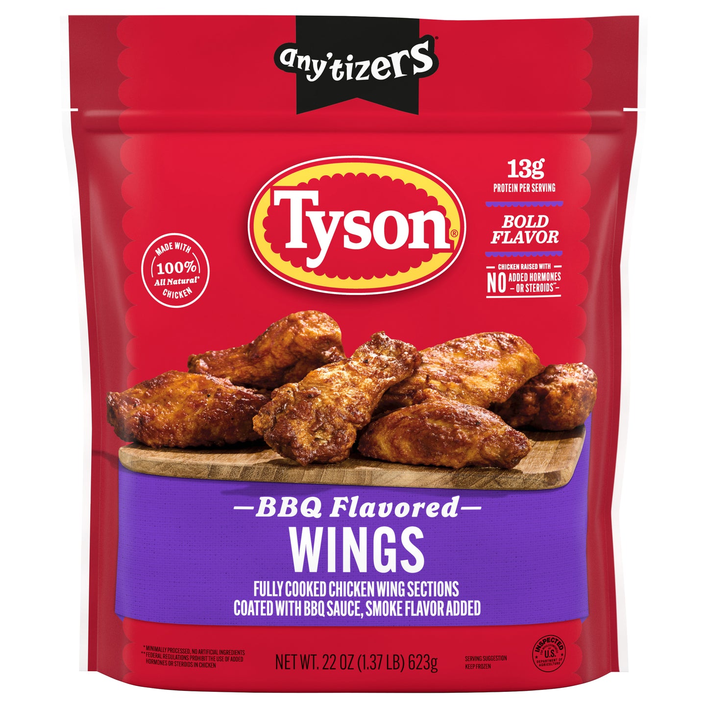 Tyson Any'tizers BBQ Flavored Bone-In Frozen Chicken Wings, 22 oz Bag