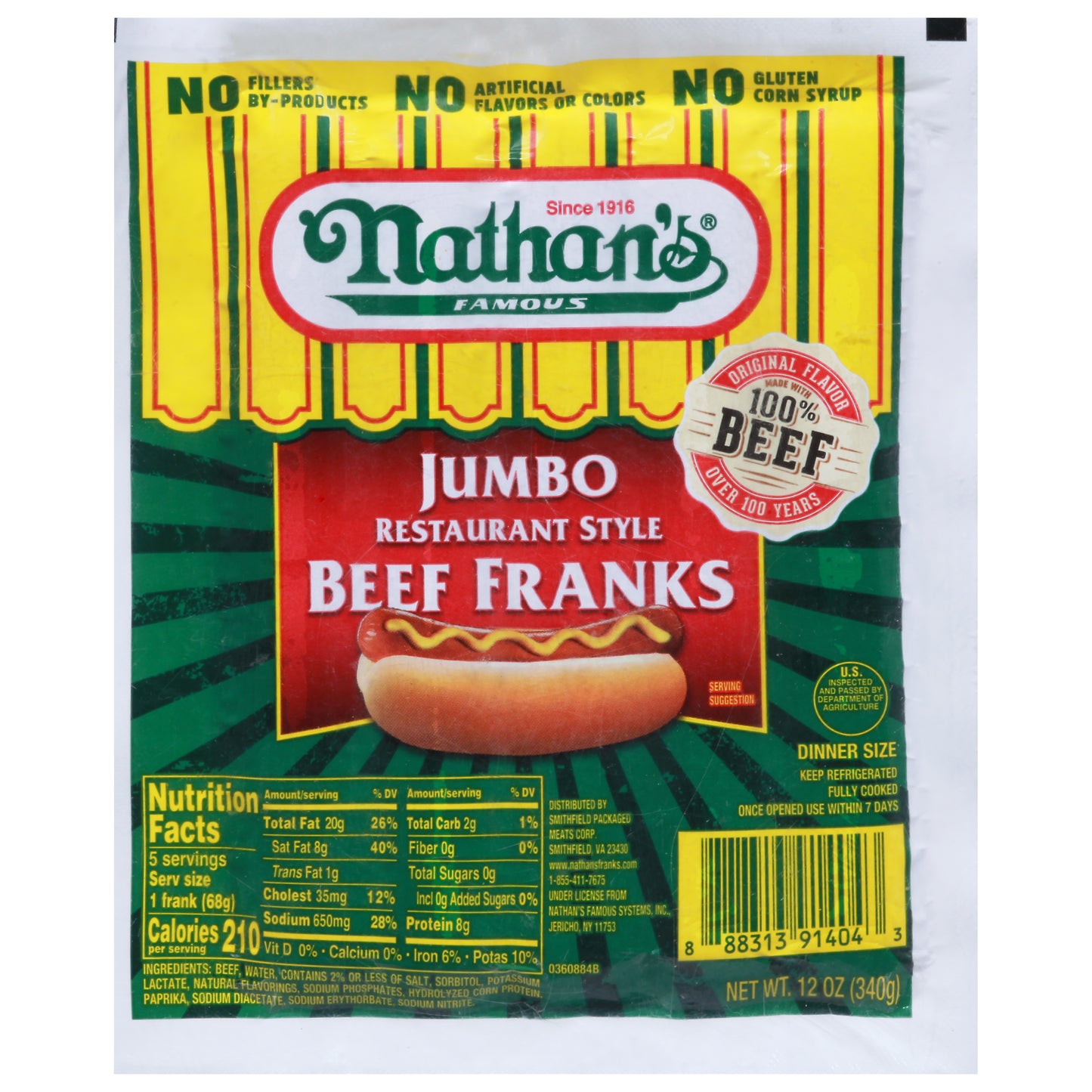 Nathan's Famous Restaurant Style Beef Franks Jumbo Dinner Size 12 oz