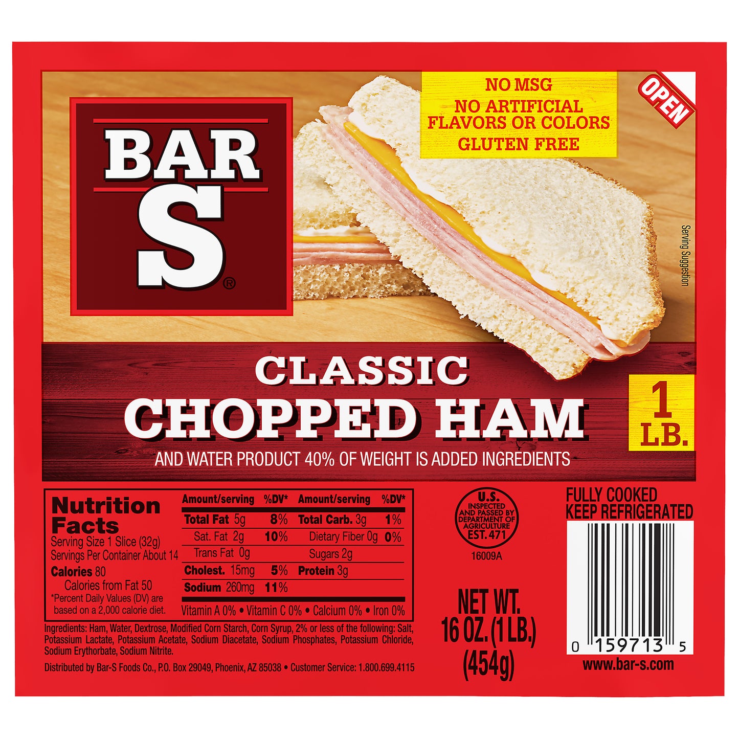 Bar-S Classic Chopped Ham Lunch Meat, 14 Slices Per Package, 1 Pound Pack