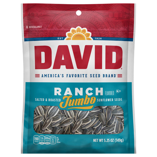 DAVID Seeds Ranch Flavored Salted and Roasted Jumbo Sunflower Seeds, Keto Friendly Snack, 5.25 OZ Bag