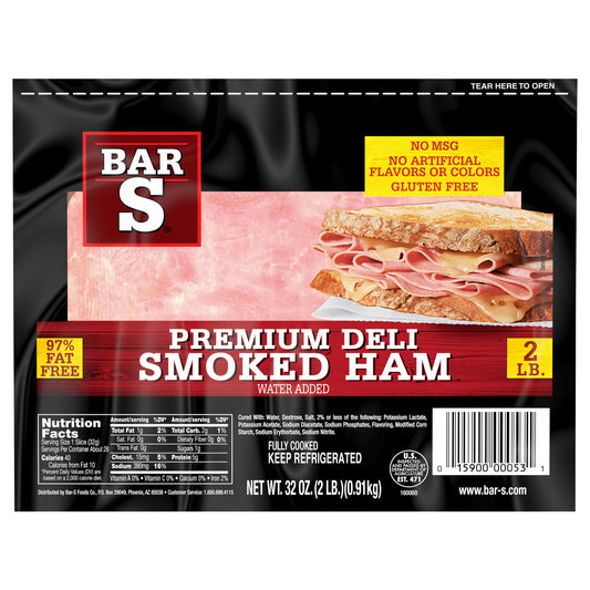 Bar-S Premium Deli Smoked Ham Lunch Meat, 28 Slices Per Pack, 2 Pound Package