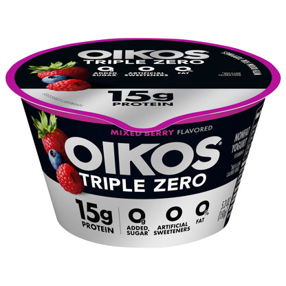 Oikos Triple Zero Mixed Berry 15g Protein, No Sugar Added, Nonfat Greek Yogurt, 5.3 OZ Cup