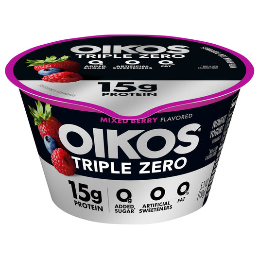 Oikos Triple Zero Mixed Berry 15g Protein, No Sugar Added, Nonfat Greek Yogurt, 5.3 OZ Cup
