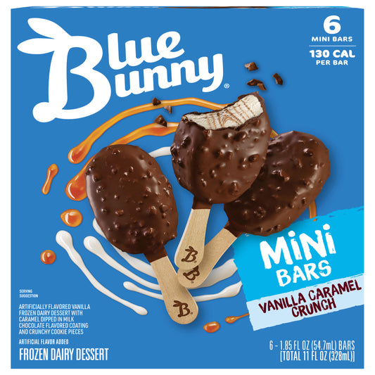 Blue Bunny Mini Bars Vanilla Caramel Crunch, Frozen Dessert, 6 Pack