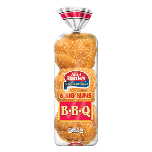 Aunt Hattie's Big BBQ Buns, Sesame Seed Hamburger Buns, BBQ Bread, 6 Count