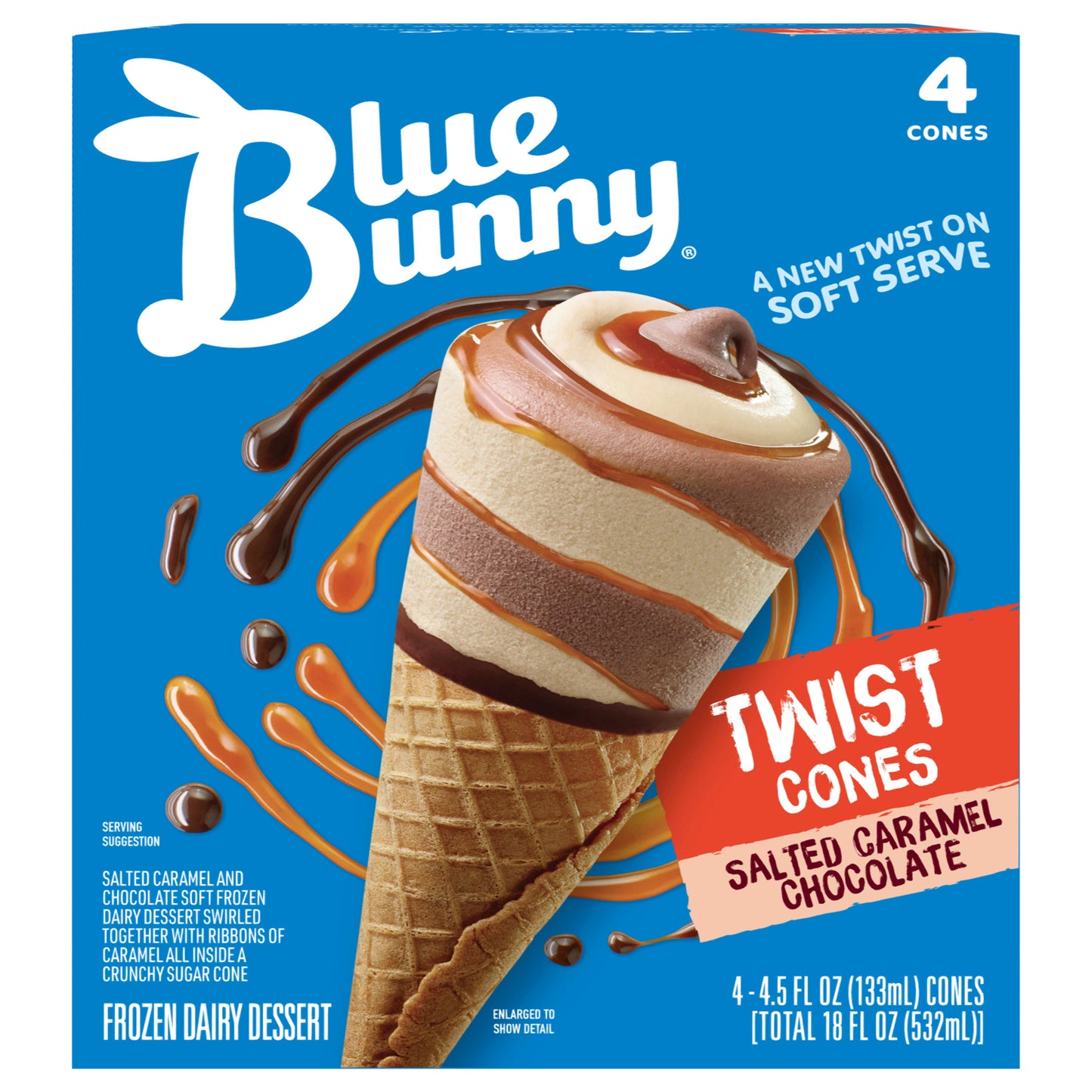 Blue Bunny Twist Cones Salted Caramel Chocolate Cones, Frozen Dessert, 4 Pack
