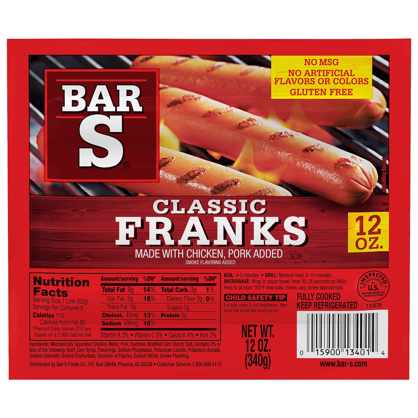 Bar-S Classic Franks Hot Dogs, 8 Franks Per Package, 12 Ounce Pack