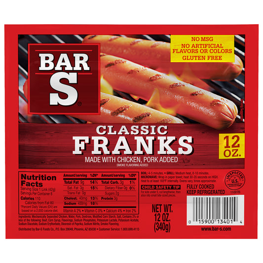 Bar-S Classic Franks Hot Dogs, 8 Franks Per Package, 12 Ounce Pack