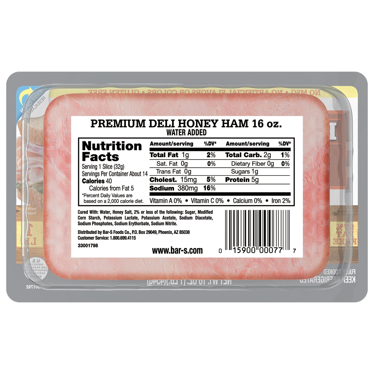 Bar-S Premium Deli Honey Ham Lunch Meat, 14 Slices Per Package, 1 Pound Pack