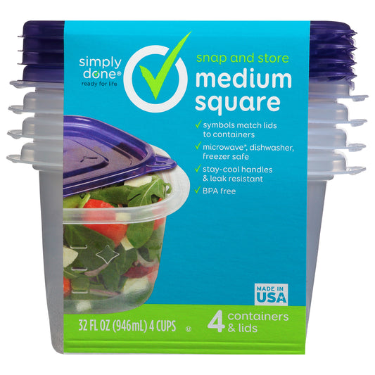 Simply Done 32 Ounces Medium Square Containers & Lids 4 ea
