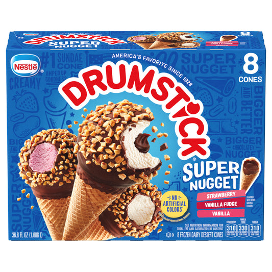 Drumstick Strawberry, Vanilla Fudge, Vanilla Dairy Dessert Cones 8 ea