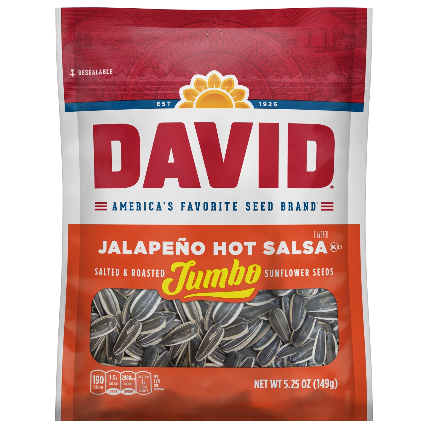DAVID Seeds Jalapeno Flavored Salted and Roasted Jumbo Sunflower Seeds, Keto Friendly Snack, 5.25 OZ Bag