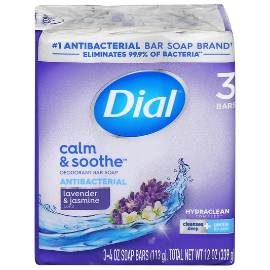 Dial Calm & Soothe Antibacterial Deodorant Lavender & Jasmine Scent Bar Soap 3 - 4 oz Each
