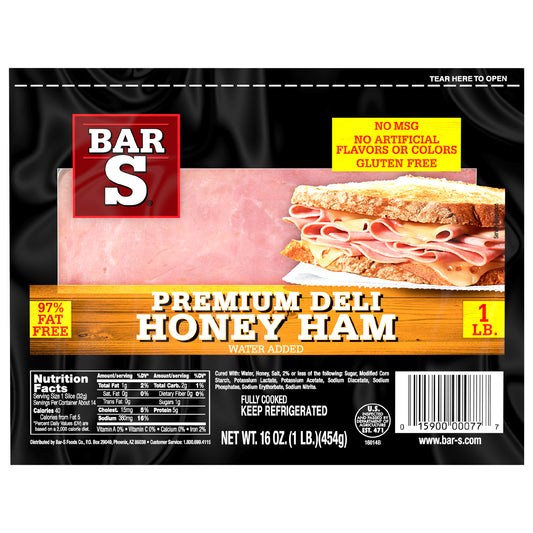 Bar-S Premium Deli Honey Ham Lunch Meat, 14 Slices Per Package, 1 Pound Pack
