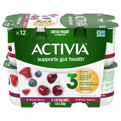 Activia Black Cherry and Mixed Berry Probiotic Yogurt, Lowfat Yogurt Cups, 4 OZ, 12 CT