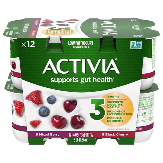 Activia Black Cherry and Mixed Berry Probiotic Yogurt, Lowfat Yogurt Cups, 4 OZ, 12 CT