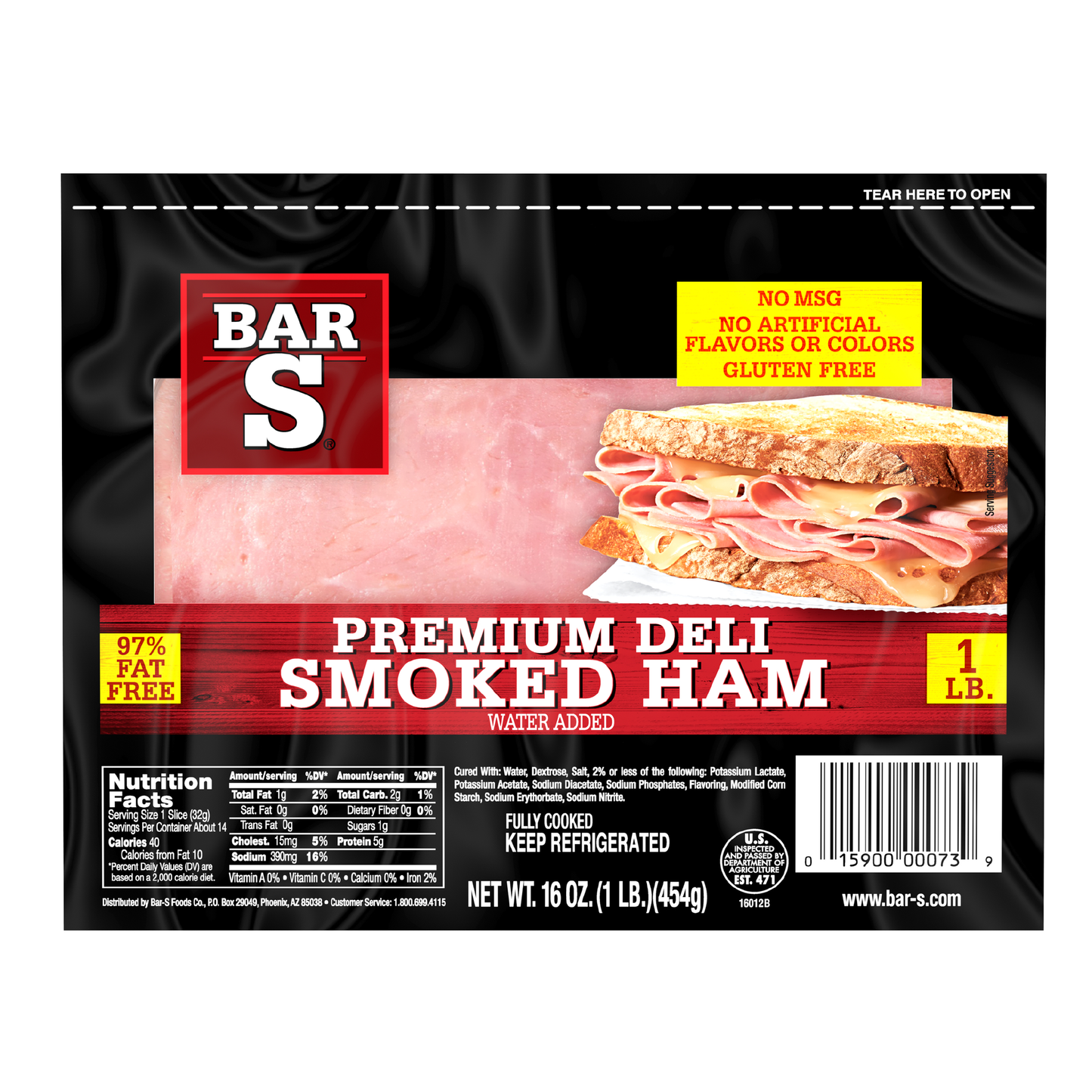 Bar-S Premium Deli Smoked Ham Lunch Meat, 14 Slices Per Package, 1 Pound Pack