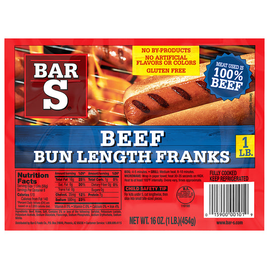 Bar-S Beef Bun Length Franks Hot Dogs, 8 Franks Per Package, 1 Pound Pack