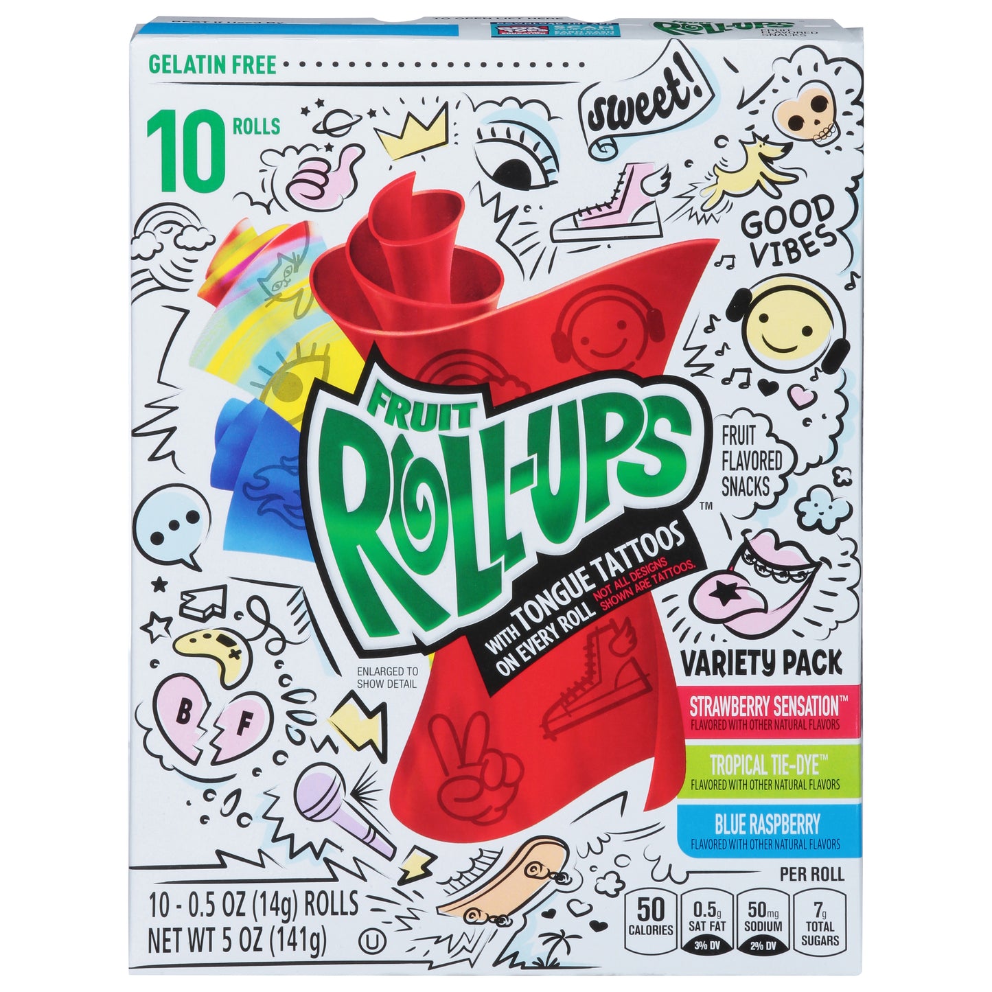 Fruit Roll-Ups Strawberry Sensation/Tropical Tie-Dye/Blue Raspberry Fruit Flavored Snacks Variety Pack 10 ea