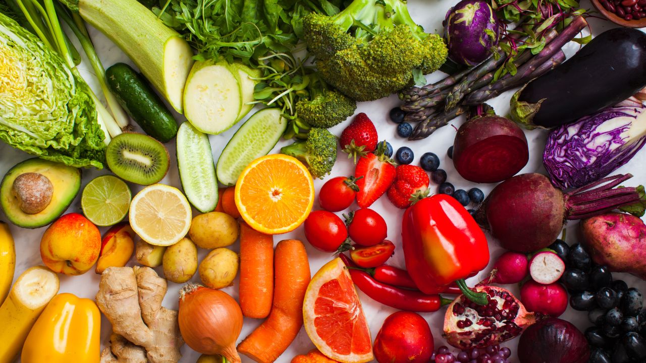 An assortment of fresh fruits and vegetables promoting the Double Up Food Bucks program at Butcher & Farmer in Buckeye, Arizona.