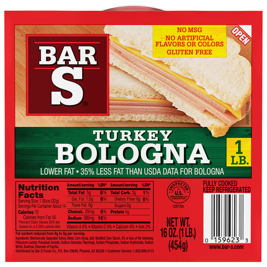 Bar-S Turkey Bologna Sliced Deli-Style Lunch Meat, 14 Slices Per Package, 1 Pound Pack