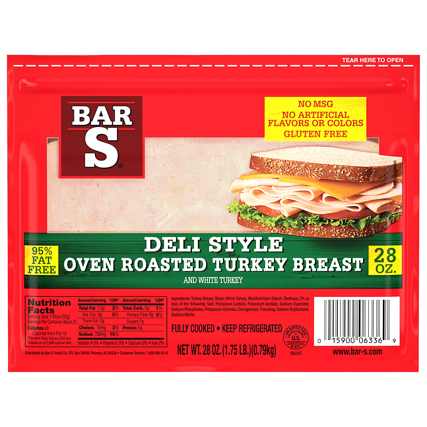 Bar-S Deli Style Oven Roasted Turkey Breast Lunch Meat, 25 Slices Per Package, 28 Ounce Pack
