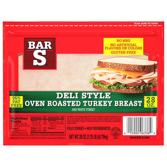 Bar-S Deli Style Oven Roasted Turkey Breast Lunch Meat, 25 Slices Per Package, 28 Ounce Pack