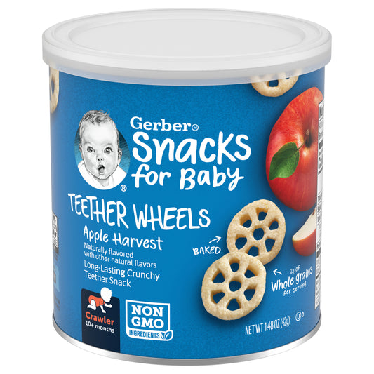 Gerber Snacks for Baby Teether Wheels, Apple Harvest, 1.48 oz Snacks Canister