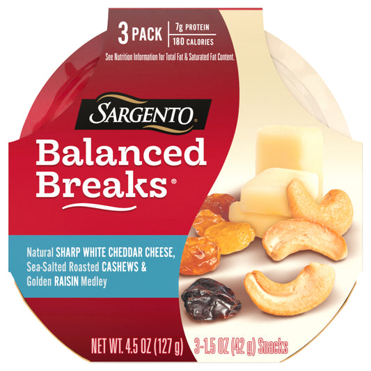 Sargento® Balanced Breaks® Natural Sharp White Cheddar Cheese, Sea-Salted Cashews and Golden Raisin Medley, 3-Pack