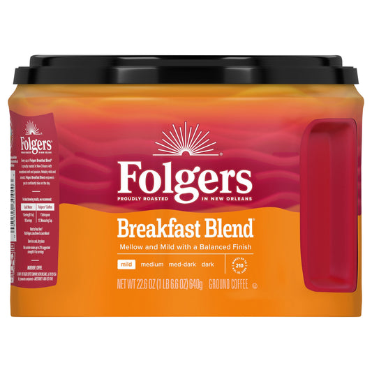Folgers Breakfast Blend Ground Coffee, Mild Roast, 22.6 Oz. Canister