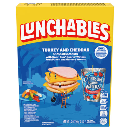 Lunchables Turkey and Reduced Fat Cheddar Cracker Stackers with Gummy Worms and Capri Sun 100% Juice Fruit Punch, 9.2 oz Box