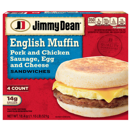 Jimmy Dean English Muffin Breakfast Sandwiches with Sausage, Egg, and Cheese, Frozen, 4 Count