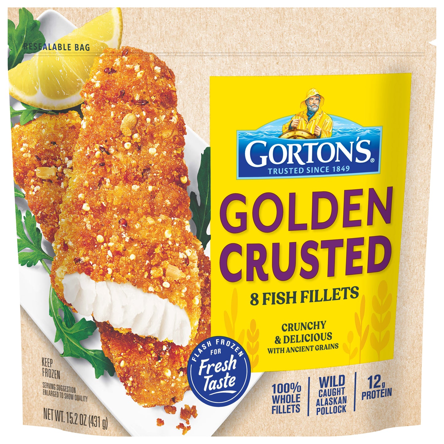 Gorton’s Golden Crusted Fish 100% Whole Fillets, Wild Caught Alaskan Pollock Breaded with Quinoa, Amaranth and Other Ancient Grains, Frozen, 8 Count, 15.2 Ounce Resealable Bag
