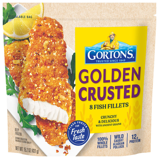 Gorton’s Golden Crusted Fish 100% Whole Fillets, Wild Caught Alaskan Pollock Breaded with Quinoa, Amaranth and Other Ancient Grains, Frozen, 8 Count, 15.2 Ounce Resealable Bag