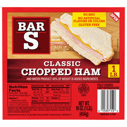 Bar-S Classic Chopped Ham Lunch Meat, 14 Slices Per Package, 1 Pound Pack