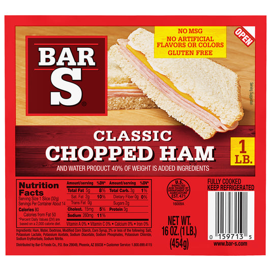 Bar-S Classic Chopped Ham Lunch Meat, 14 Slices Per Package, 1 Pound Pack