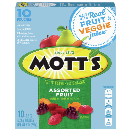 Mott's Fruit Flavored Snacks, Assorted Fruit, Pouches, 0.8 oz, 10 ct